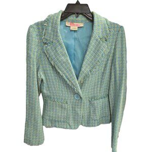 Star Jeans Tweed Blazer Women's Medium Blue Green W/Fringe Trim & Pockets